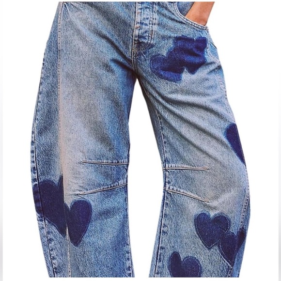 Free People Good Luck Barrel Jeans Heart Print NWOT Viral Wide Leg Denim - Picture 3 of 7